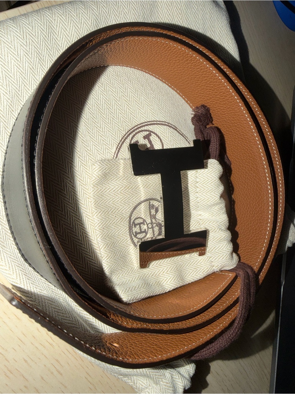 Hermes Brown Tan Reversible Leather Belt with Black H Buckle